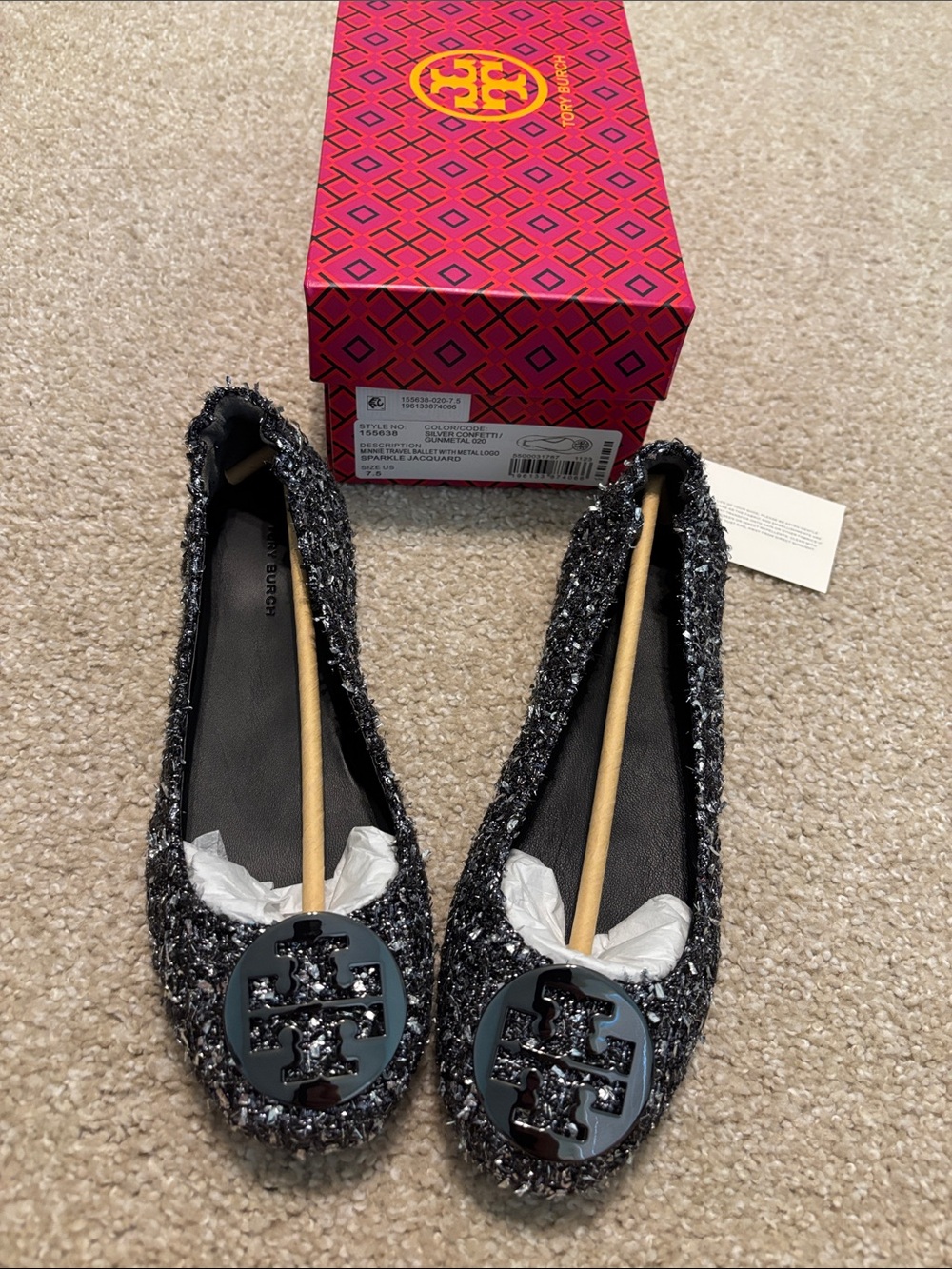Tory Burch Minnie Travel Ballet Sparkle Jacquard Silver Confetti